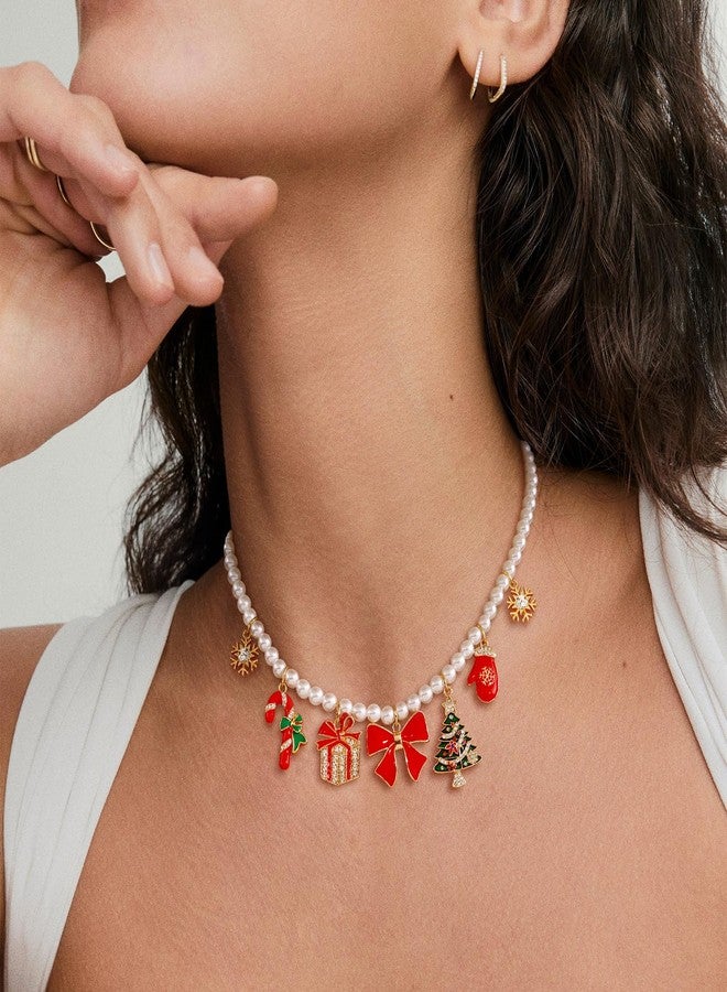HolidayQbee Christmas Bow Charm Necklace for Women Dainty Christmas Tree Necklace Minimalist Handmade Pearl Necklace for Holiday Jewlery Gift - Image 3